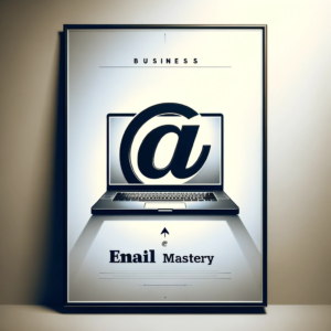 A minimalist training poster for a business email course, featuring a sleek, modern laptop centered on a clean, professional background. The laptop screen displays a prominent, stylized '@' symbol, representing email communication. Above the laptop, in bold, simple font, is the title 'Email Mastery', the only text on the poster. The overall design is sleek and minimalistic, targeting a professional audience.