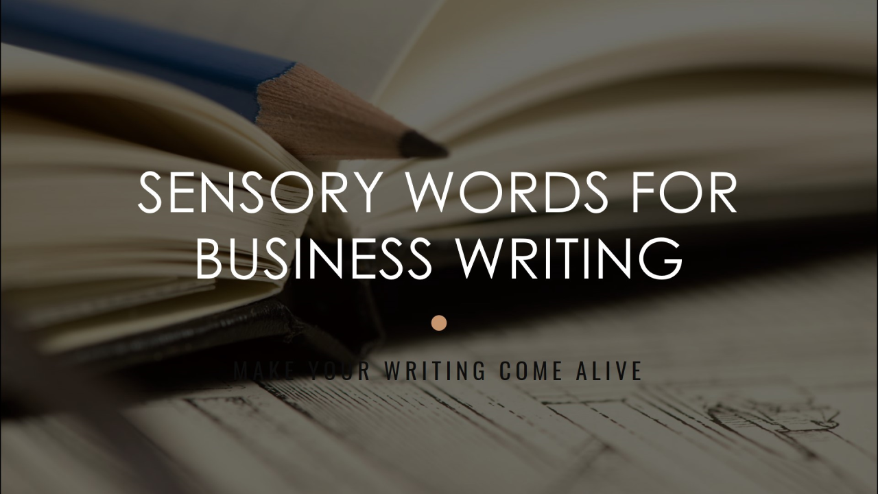 A modern workspace featuring a laptop with sensory-rich words, surrounded by coffee, plants, and fabric swatches, illustrating the concept of descriptive business writing.